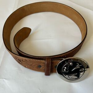 Brown Leather Western Belt with a Silver Plated Oval Buckle with a Woman Profile